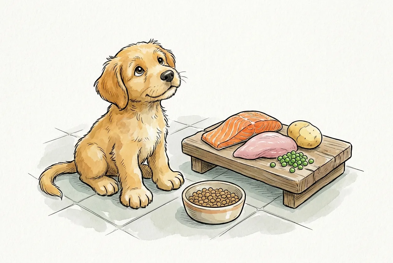 Cachorro dorado sentado junto a un cuenco de pienso pequeño y una tabla con salmón, pavo, patata y guisantes
