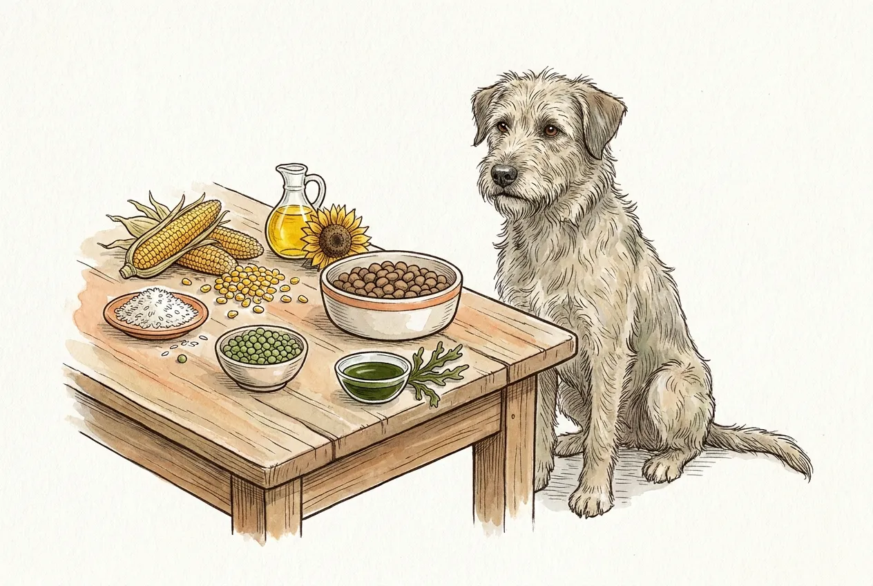 Perro de pelo hirsuto junto a una mesa con pienso, mazorcas y granos de maíz, arroz, guisantes, aceite de girasol y aceite de algas