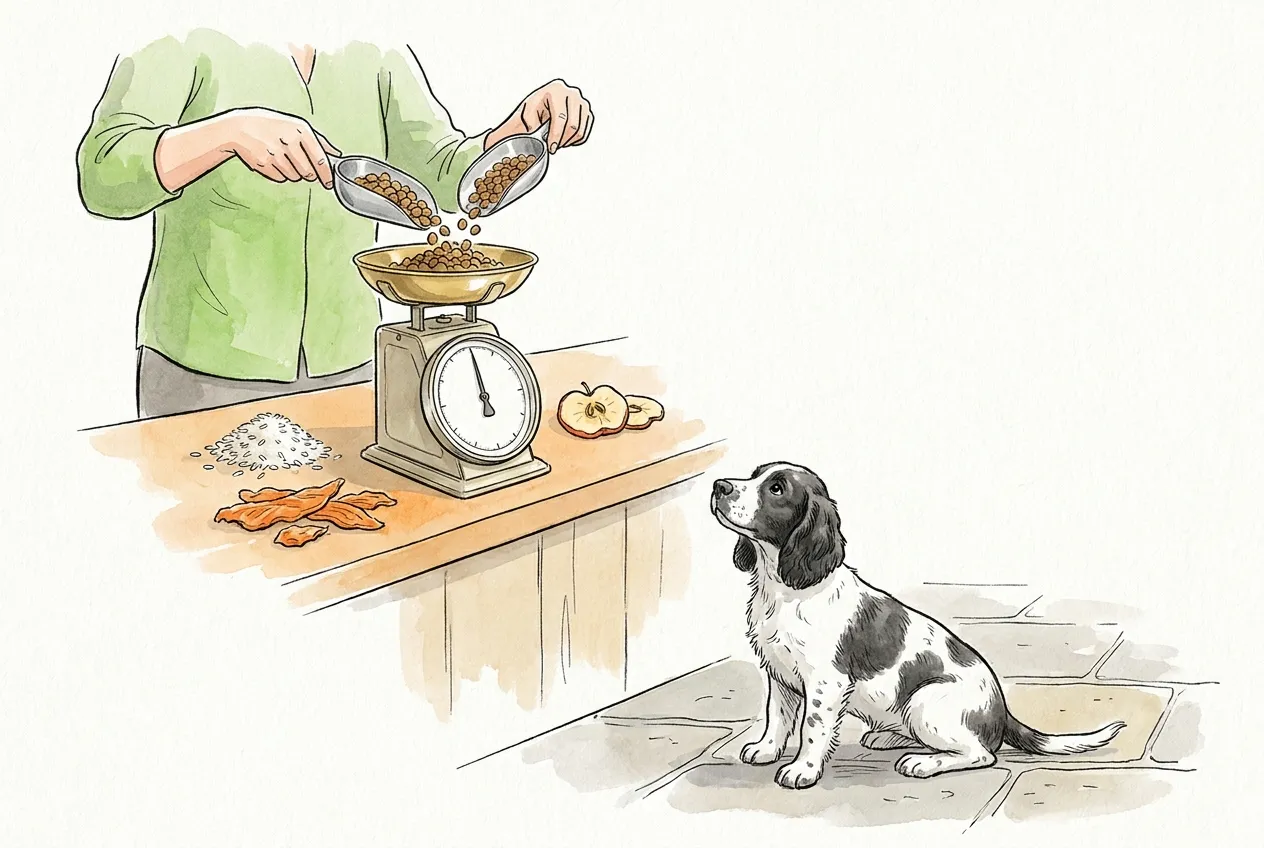 Manos que pesan pienso seco en una báscula de cocina, con arroz y pollo deshidratado, ante un cachorro tipo springer