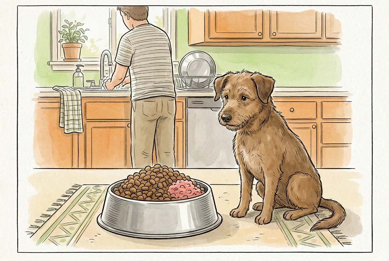 Perro marrón junto a un comedero de pienso con algo de carne cruda picada, mientras alguien se lava las manos