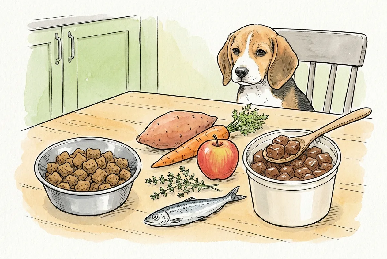 Un cachorro tipo beagle mira un cuenco de pienso seco en dados y una tarrina de alimento semihúmedo
