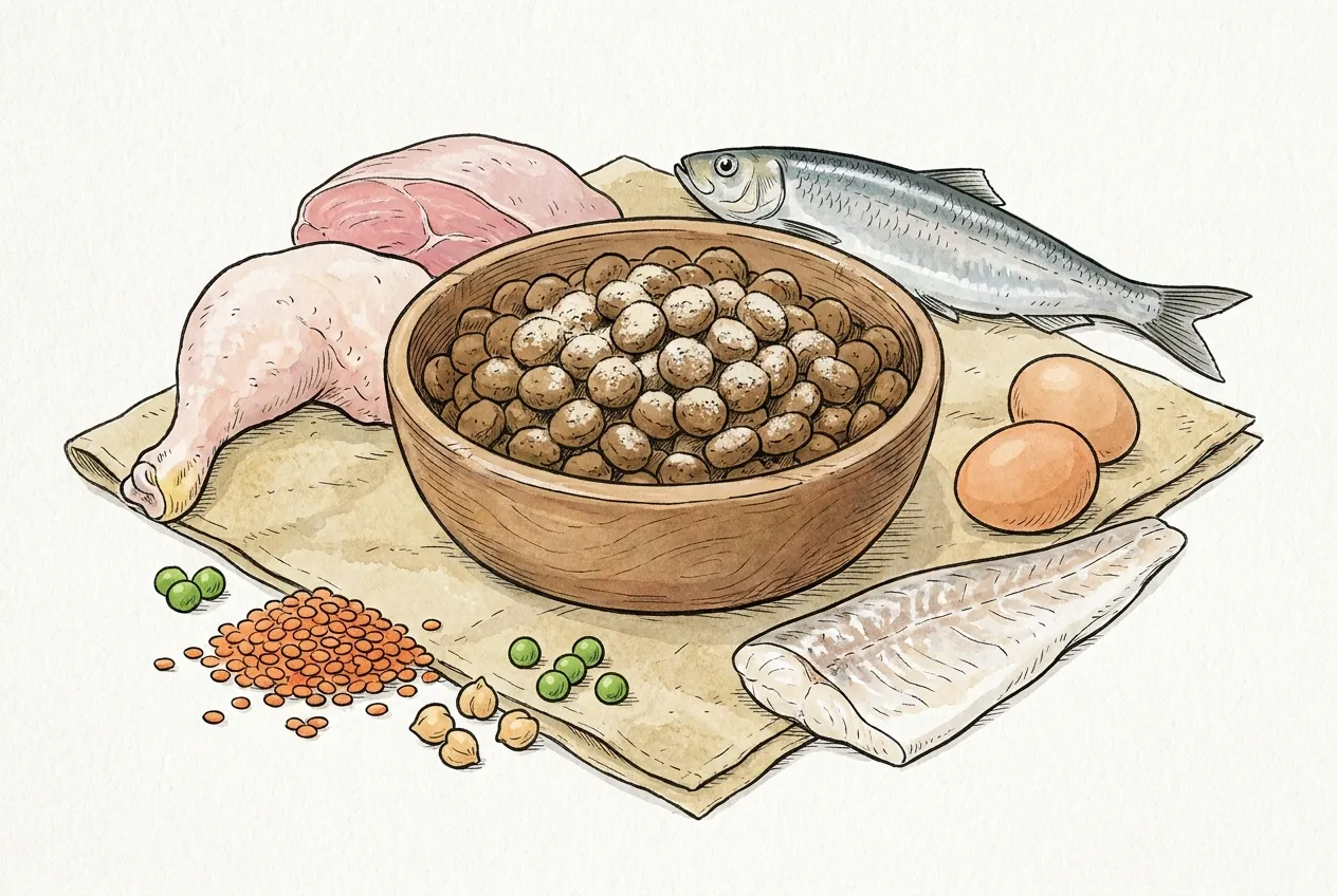 Cuenco de croquetas secas recubiertas de polvo, rodeado de muslo de pollo, pavo, arenque, merluza, huevos y lentejas rojas