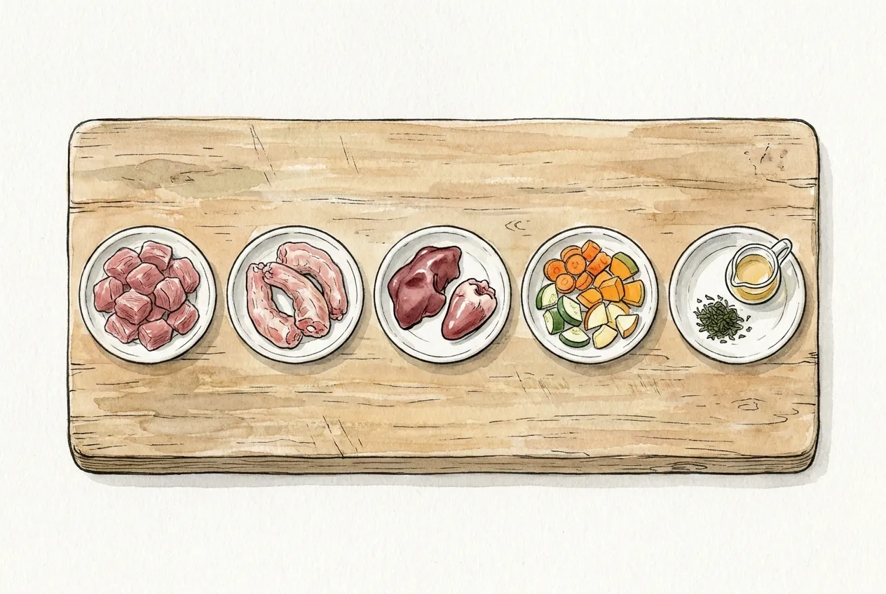 Cinco platitos en fila sobre una tabla: carne en dados, cuellos crudos, hígado y corazón, verduras troceadas, algas y aceite