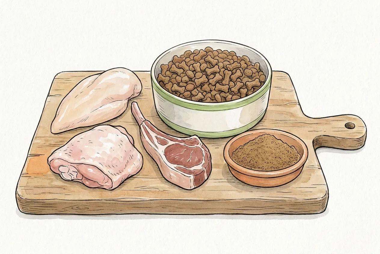 Tabla de madera con pechuga y muslo de pollo crudos, chuleta de cordero, harina de carne deshidratada y un cuenco de pienso