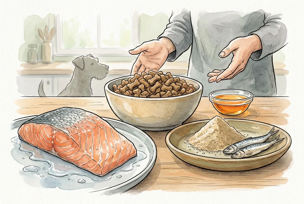 Filete de salmón fresco sobre un plato mojado frente a harina de pescado, sardinas, aceite de pescado y un cuenco de pienso