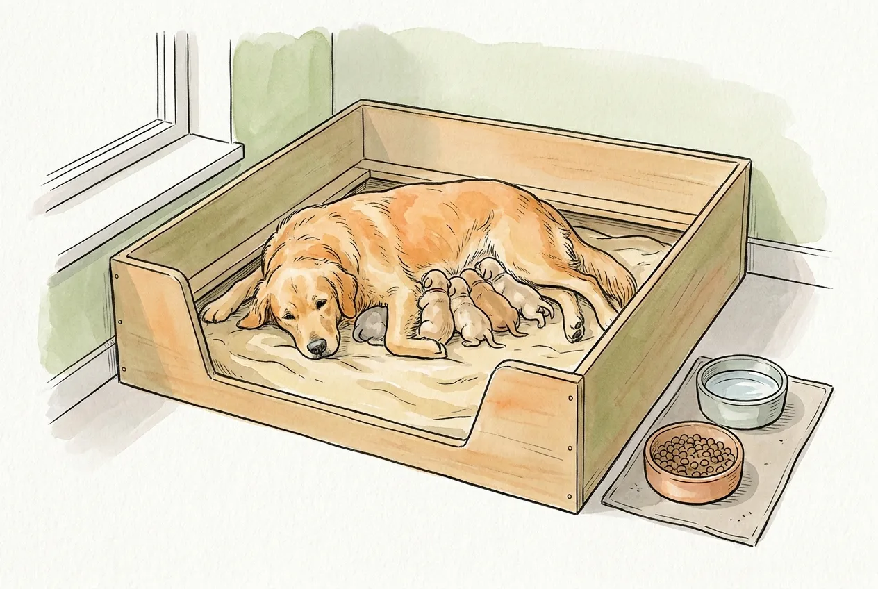 Perra golden retriever tumbada en una paridera amamantando a sus cachorros, con cuencos de pienso y agua al lado