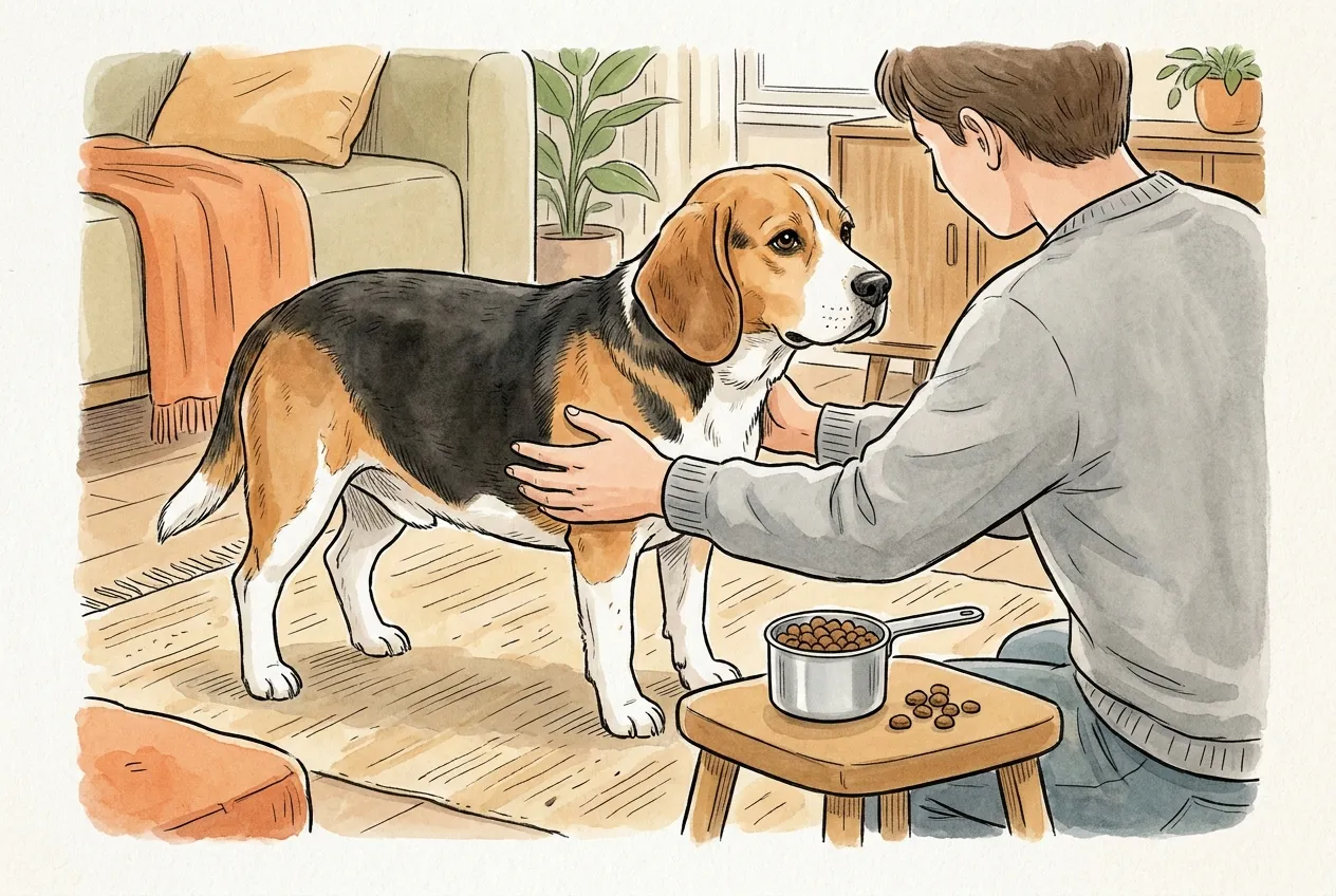 Dueño palpando las costillas de un beagle tricolor algo rellenito, junto a un taburete con un medidor de pienso
