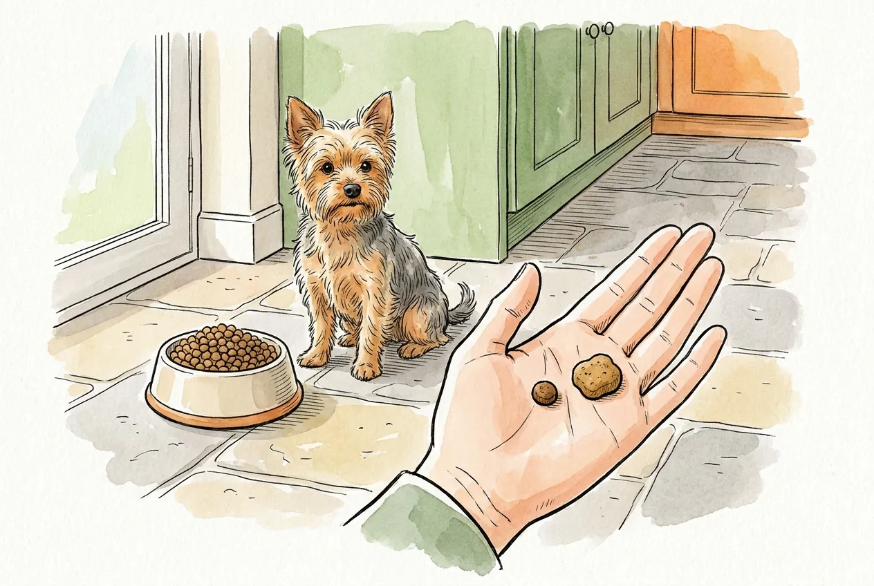 Yorkshire terrier sentado junto a su cuenco mientras una mano compara una croqueta mini con otra de tamaño normal