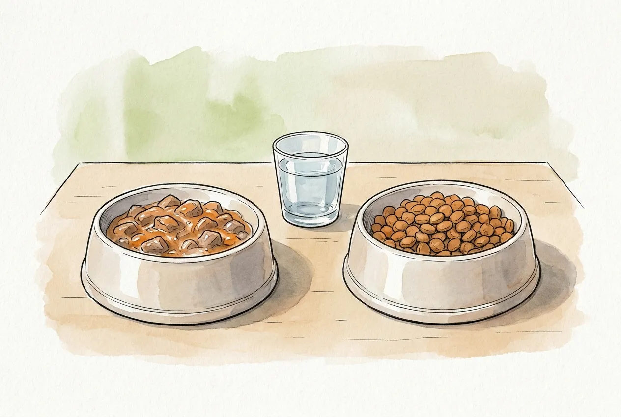 Dos cuencos iguales: comida húmeda en salsa y pienso seco, con un vaso de agua entre ambos