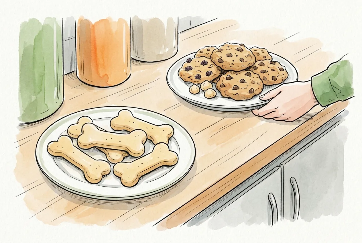 Plato de galletas para perro con forma de hueso, separado de otro con galletas de chocolate, pasas y macadamias