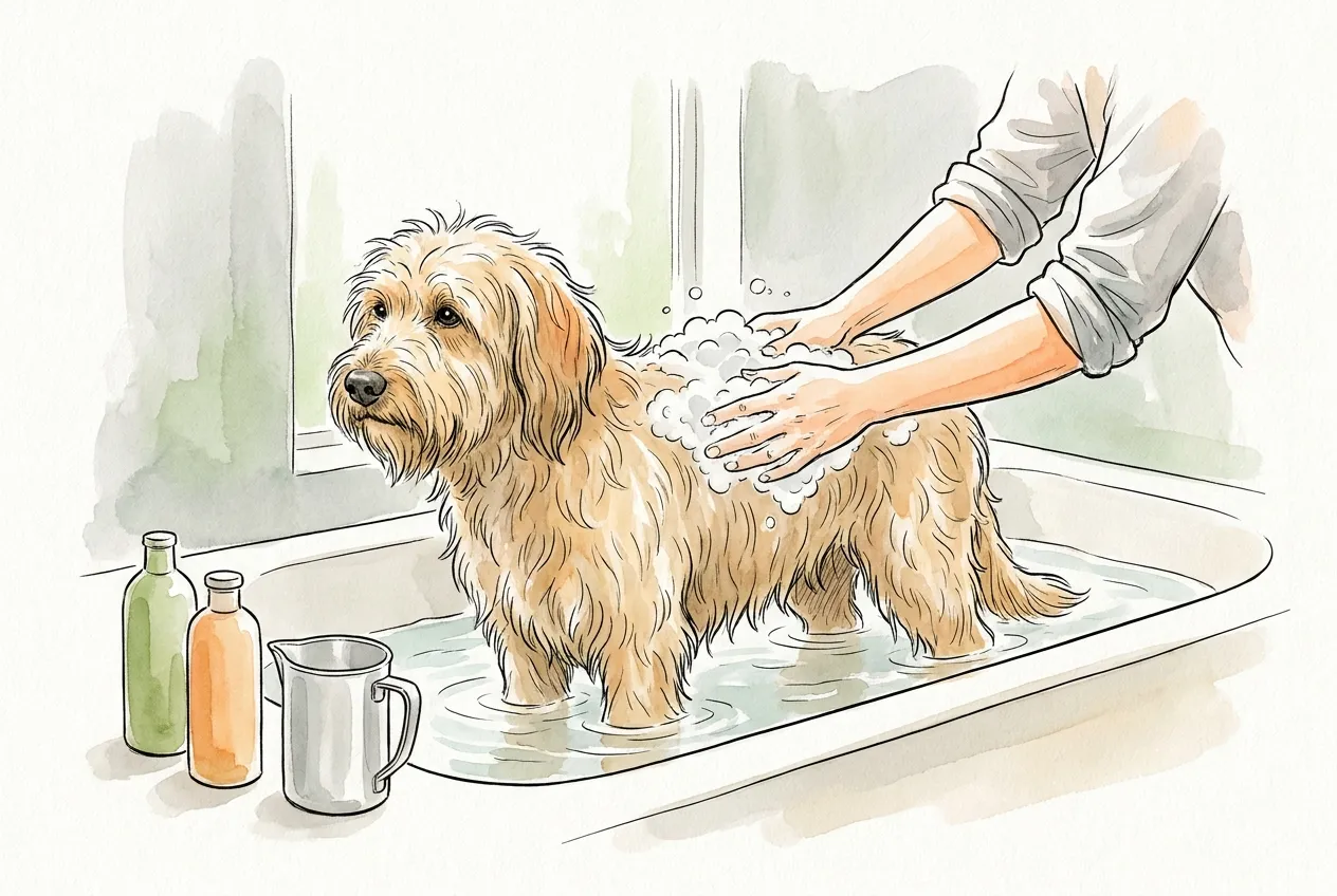 Manos enjabonando el lomo de un perro de pelo largo en la bañera, con dos botellas sin etiqueta