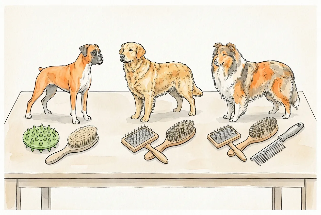 Bóxer, golden retriever y collie sobre una mesa, cada uno con su cepillo de goma, carda, cerdas o peine