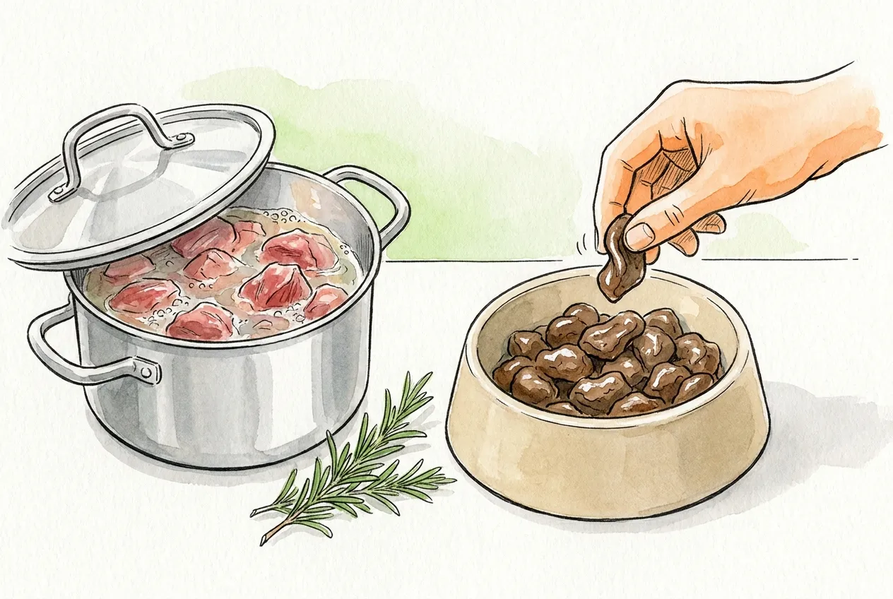 Olla con trozos de carne fresca cocinándose en su jugo junto a un comedero de piezas blandas y brillantes