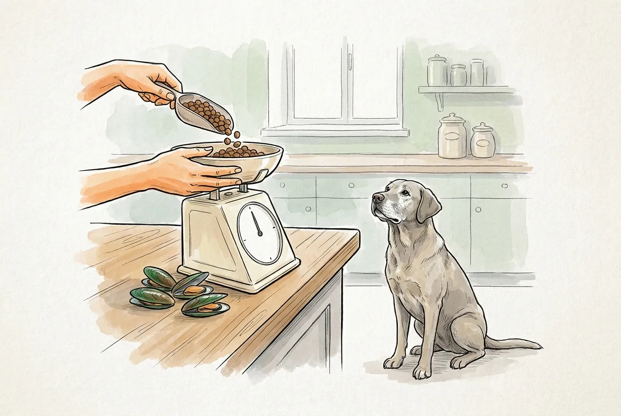 Manos pesando la ración de pienso en una báscula de cocina junto a mejillones de labio verde, con un labrador canoso sentado mirando