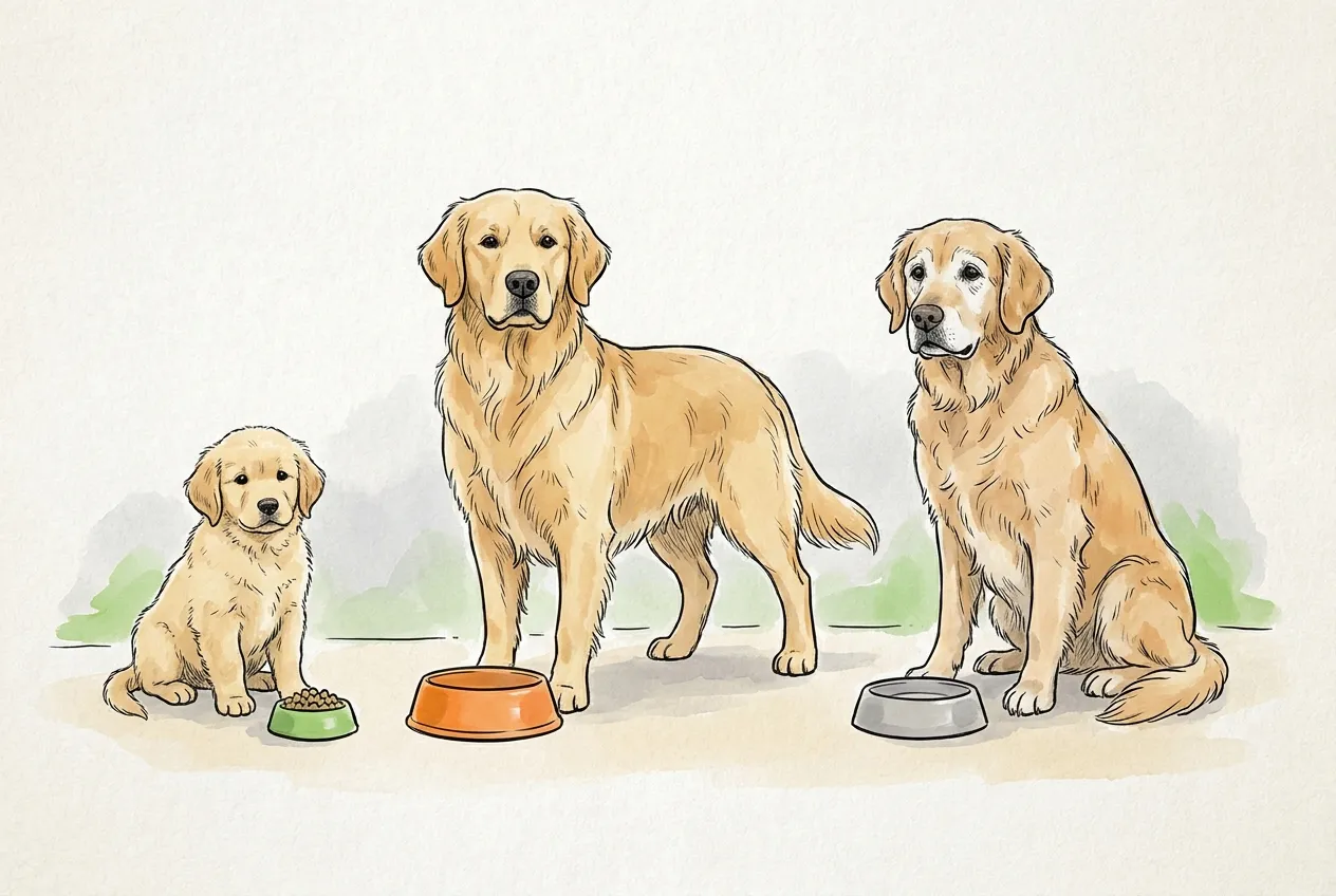 Tres golden retriever en fila: cachorro, adulto y senior de hocico canoso, cada uno junto a su comedero