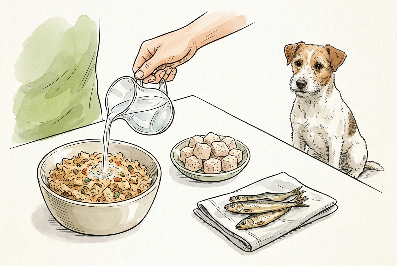 Una mano rehidrata comida deshidratada con agua; al lado, cubos liofilizados y espadines secos, observados por un terrier