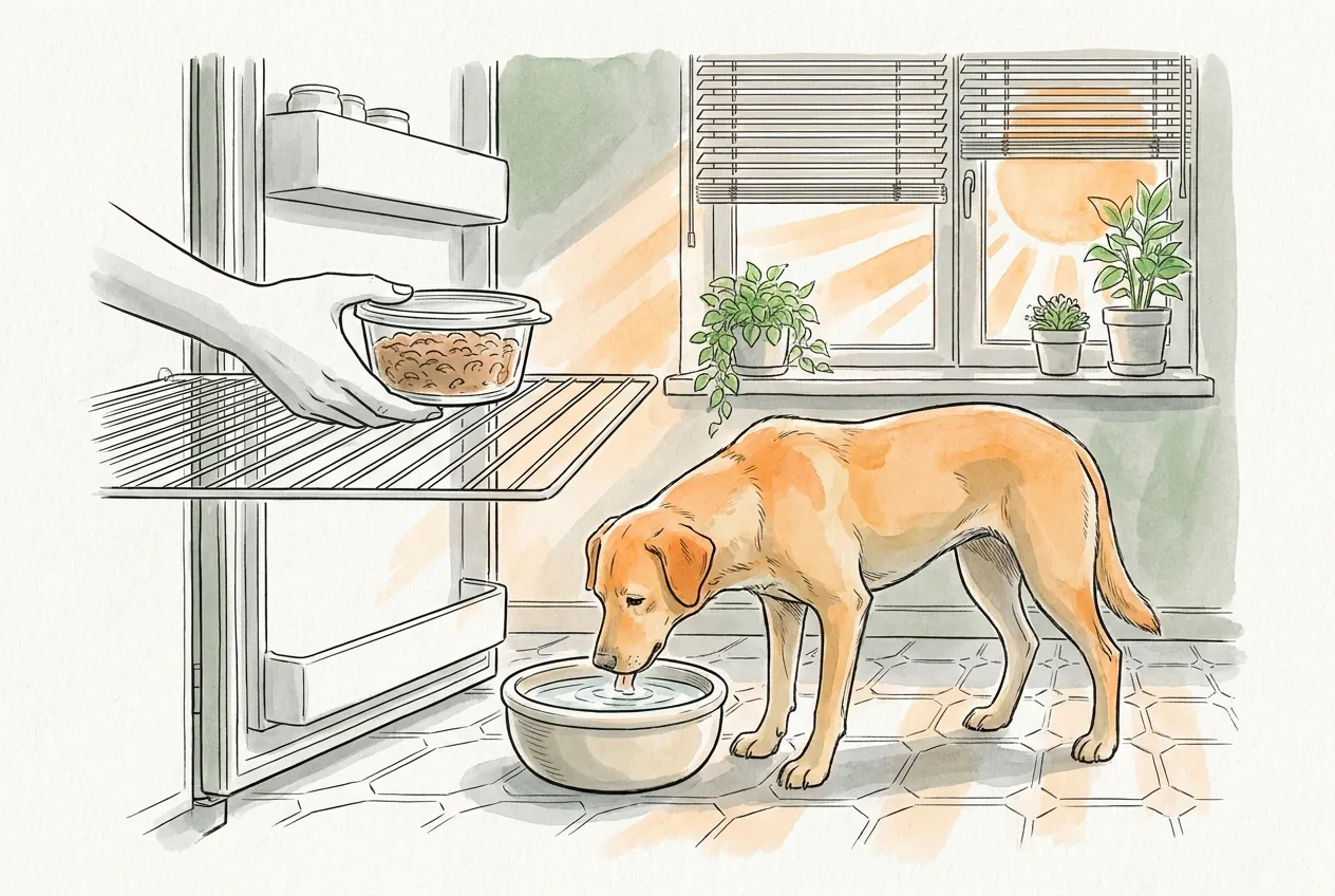 Una mano guarda en la nevera un táper tapado de comida húmeda mientras el perro bebe agua en la cocina