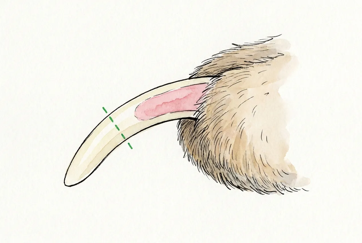 Dibujo lateral de una uña de perro: la parte viva rosada termina a mitad y la línea de corte verde cruza solo la punta clara