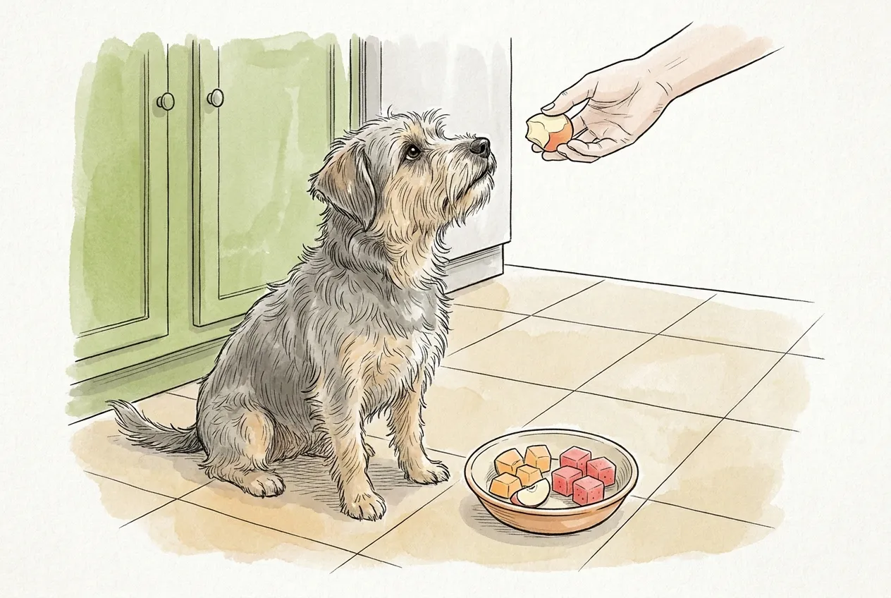 Perro mirando el trozo de manzana que le ofrece una mano, junto a un cuenco de melón y sandía