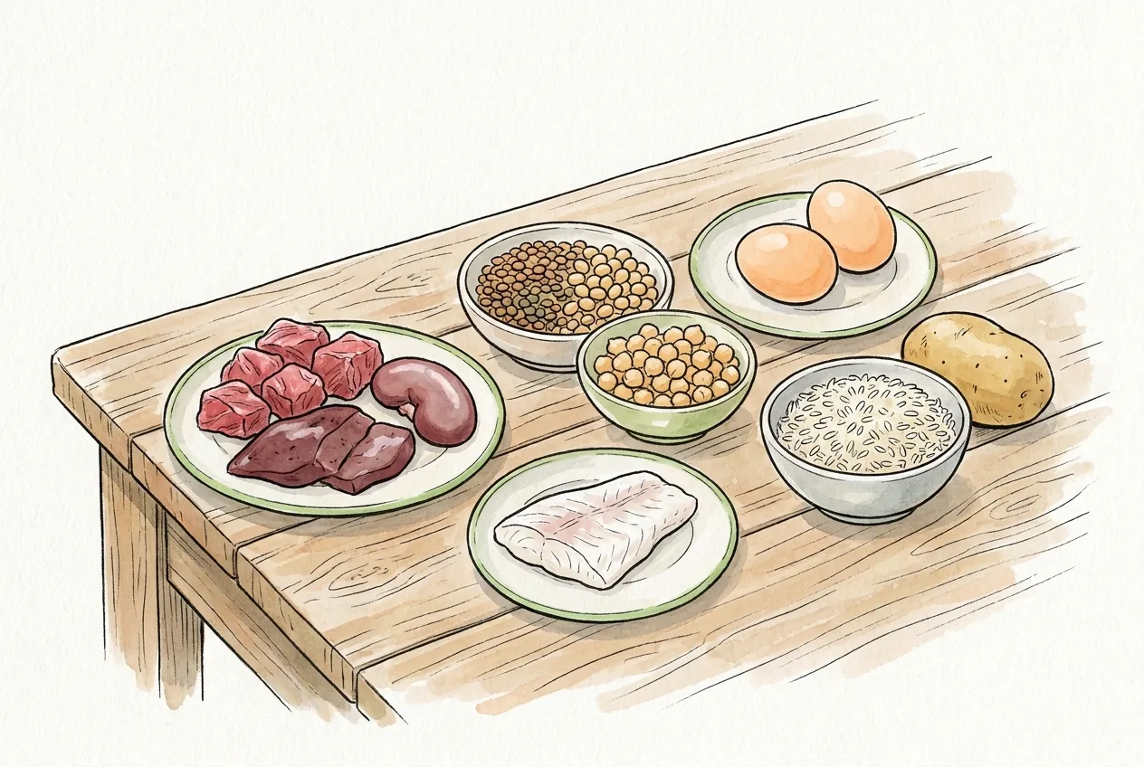 Mesa con carne cruda, hígado y riñón, pescado blanco, huevos, lentejas y soja, garbanzos cocidos, arroz y una patata