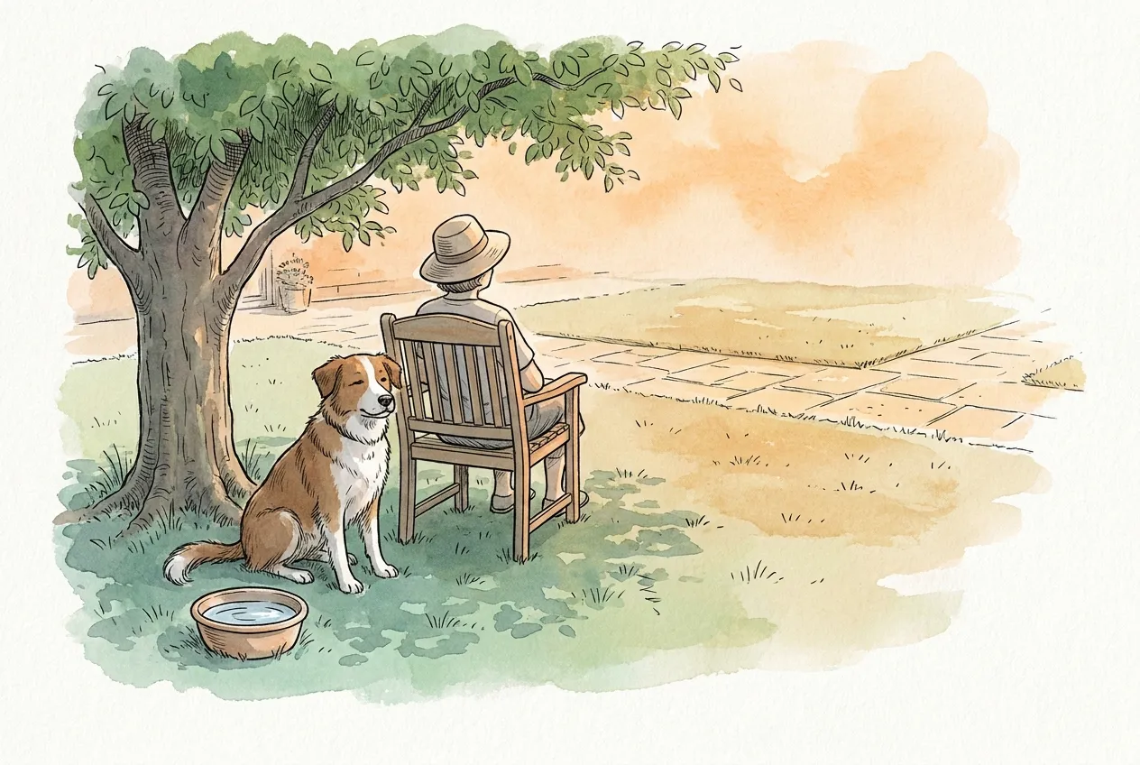 Perro sentado a la sombra de un árbol junto a un cuenco de agua, con el jardín soleado detrás