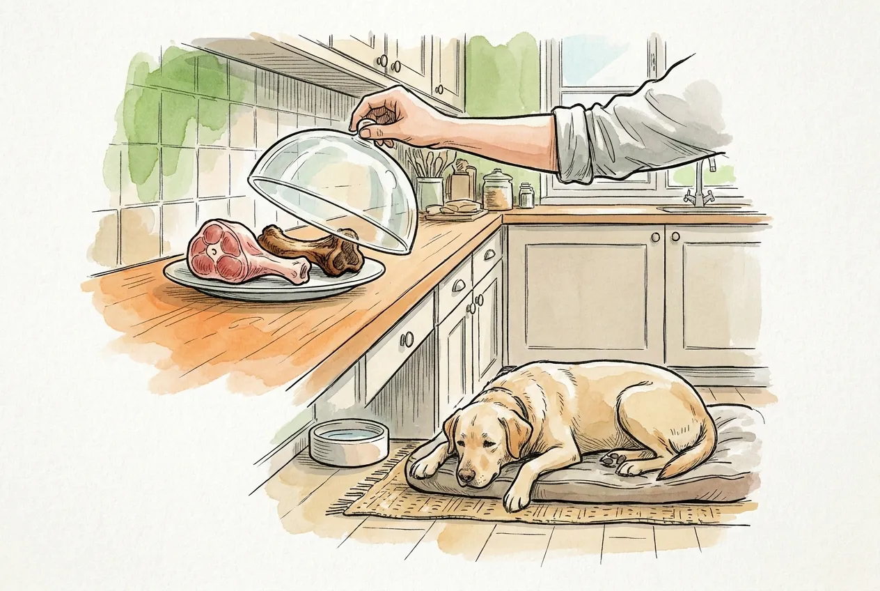 Una mano cubre un plato con un hueso crudo y otro cocinado en la encimera, mientras un labrador descansa lejos