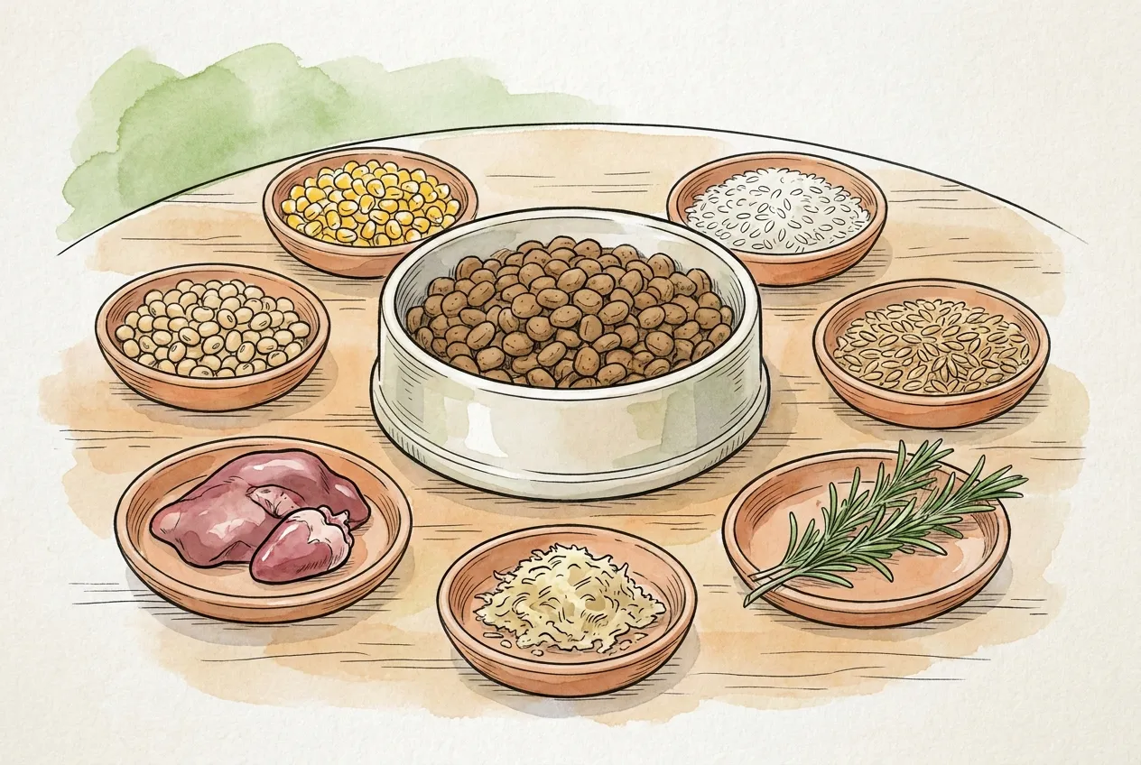 Cuenco de pienso rodeado de soja, maíz, arroz, trigo, hígado y corazón crudos, pulpa de remolacha y romero