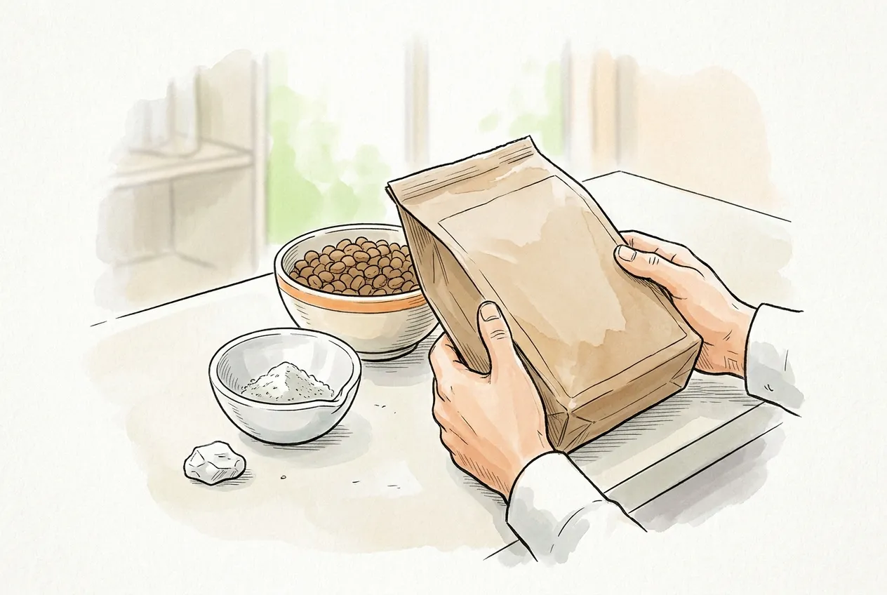 Manos sosteniendo un saco de papel sin rotular junto a un crisol con polvo mineral blanco y un cuenco de pienso
