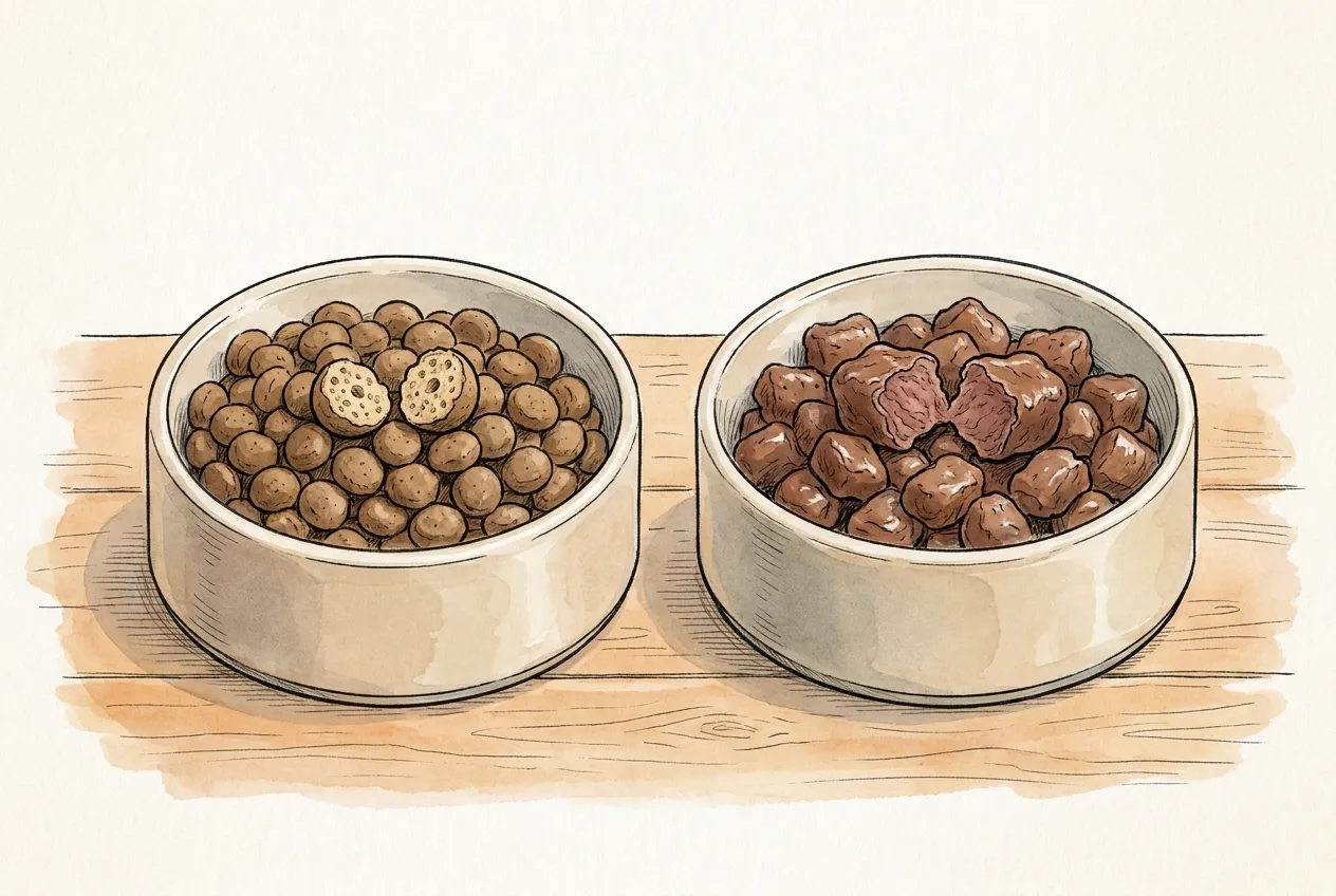 Dos cuencos comparados: croquetas secas con interior poroso frente a trozos semihúmedos de carne con interior jugoso