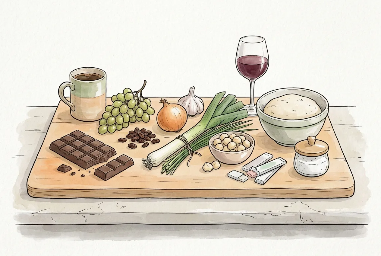 Tabla de cocina con chocolate negro, café, uvas, pasas, cebolla, ajo, puerro, macadamias, chicles, vino, masa cruda y sal