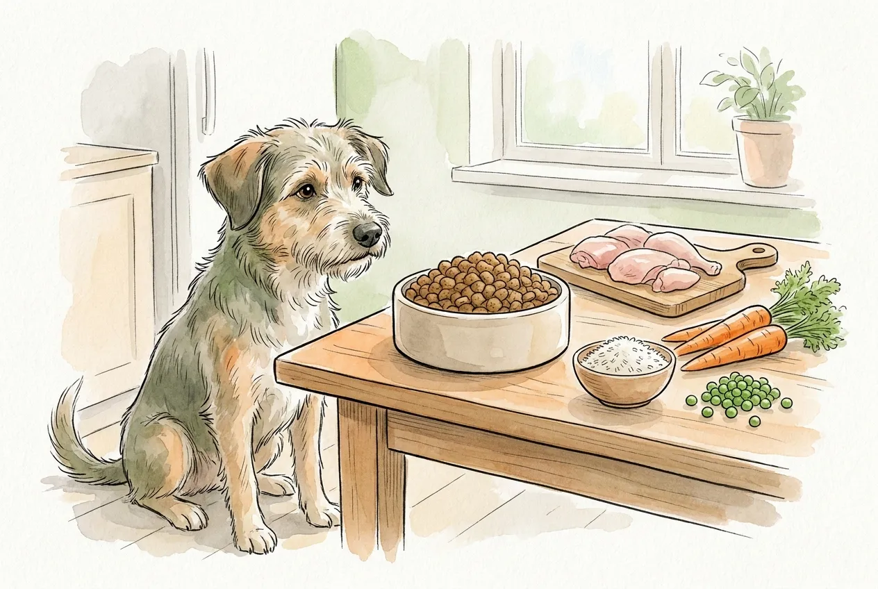 Perro mestizo sentado junto a una mesa con un cuenco de pienso, pollo crudo, arroz, zanahorias y guisantes