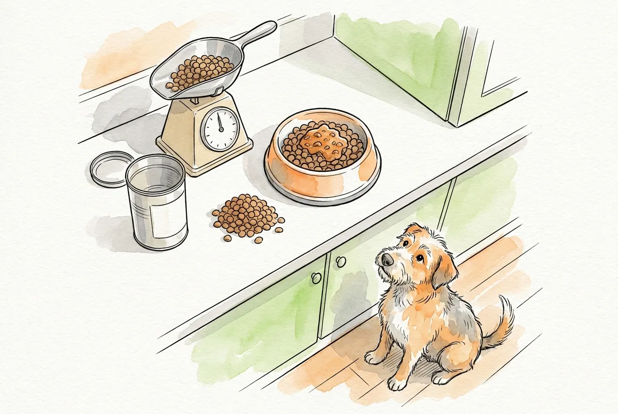 Cuenco de pienso con comida húmeda encima, báscula, lata abierta y croquetas apartadas; un perro mira desde el suelo