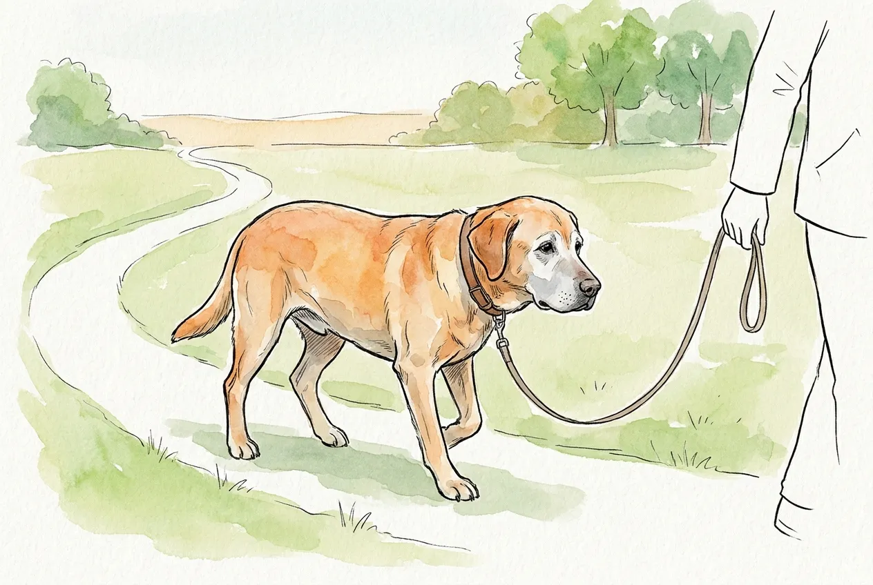 Labrador mayor de hocico canoso paseando con correa floja por un sendero de césped en un parque