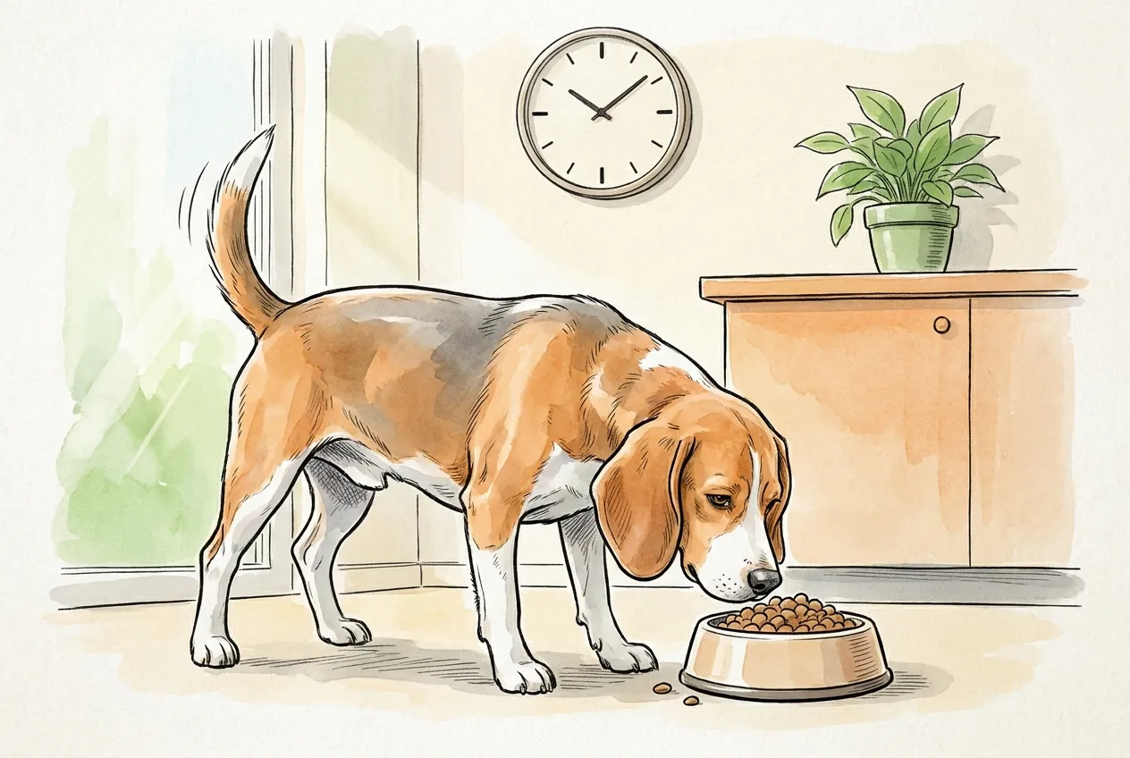 Beagle sano olfatea con calma un cuenco lleno de pienso en la cocina, bajo un reloj de pared