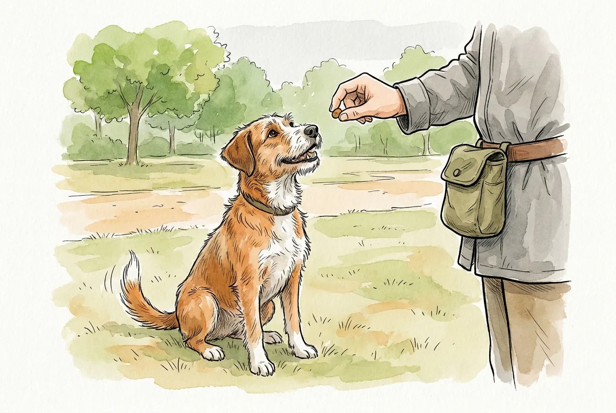 Perro sentado en un parque mira una mano que le ofrece un premio diminuto, con bolsa de premios al cinto